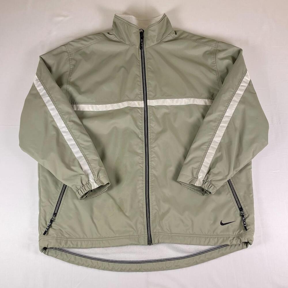 Y2K Nike Fleece Lined Zip Up Jacket | Sage Green Windbreaker Reflective Stripe |